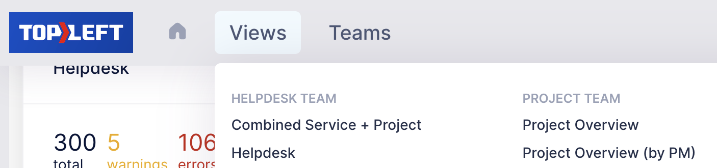 The Views menu open in the main menu, listing views grouped by team