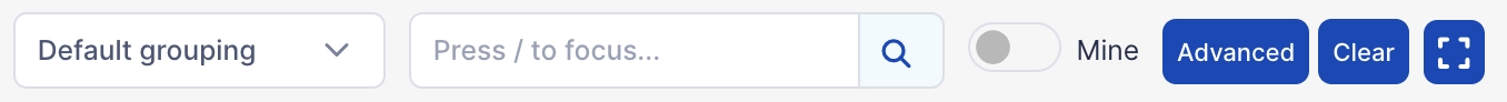 The visualization header: grouping dropdown, search box, Mine toggle, Advanced, Clear, and full screen buttons