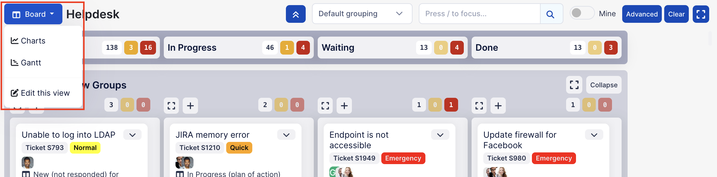The Board button menu open, offering Charts, Gantt, and Edit this view