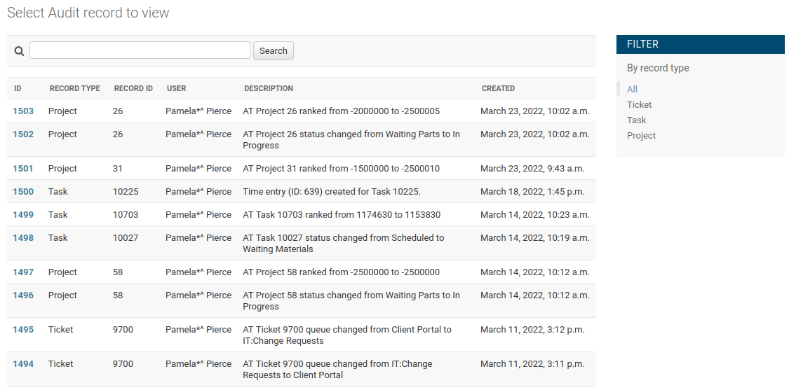 The Audit Log list showing record type, record ID, user, description and date, with a record type filter
