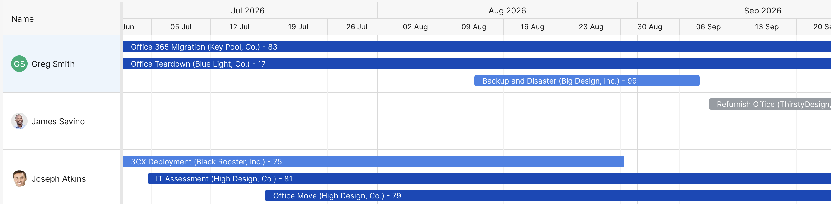 The top section: each member's projects as bars across the weeks, from scheduled start to end