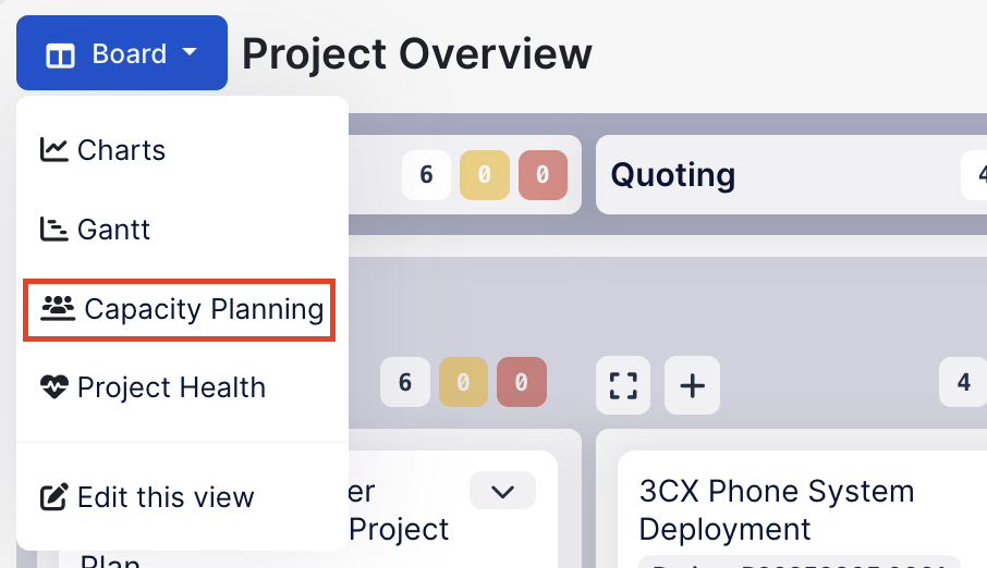 The Board menu on a project View with Capacity Planning highlighted