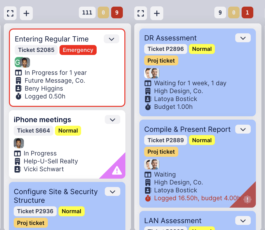 Kanban cards styled by conditional formatting: a red outline, blue backgrounds, and colored corner ribbons with warnings
