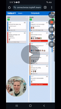 A phone showing a TopLeft Helpdesk Kanban board, with a play button for the mobile walkthrough video