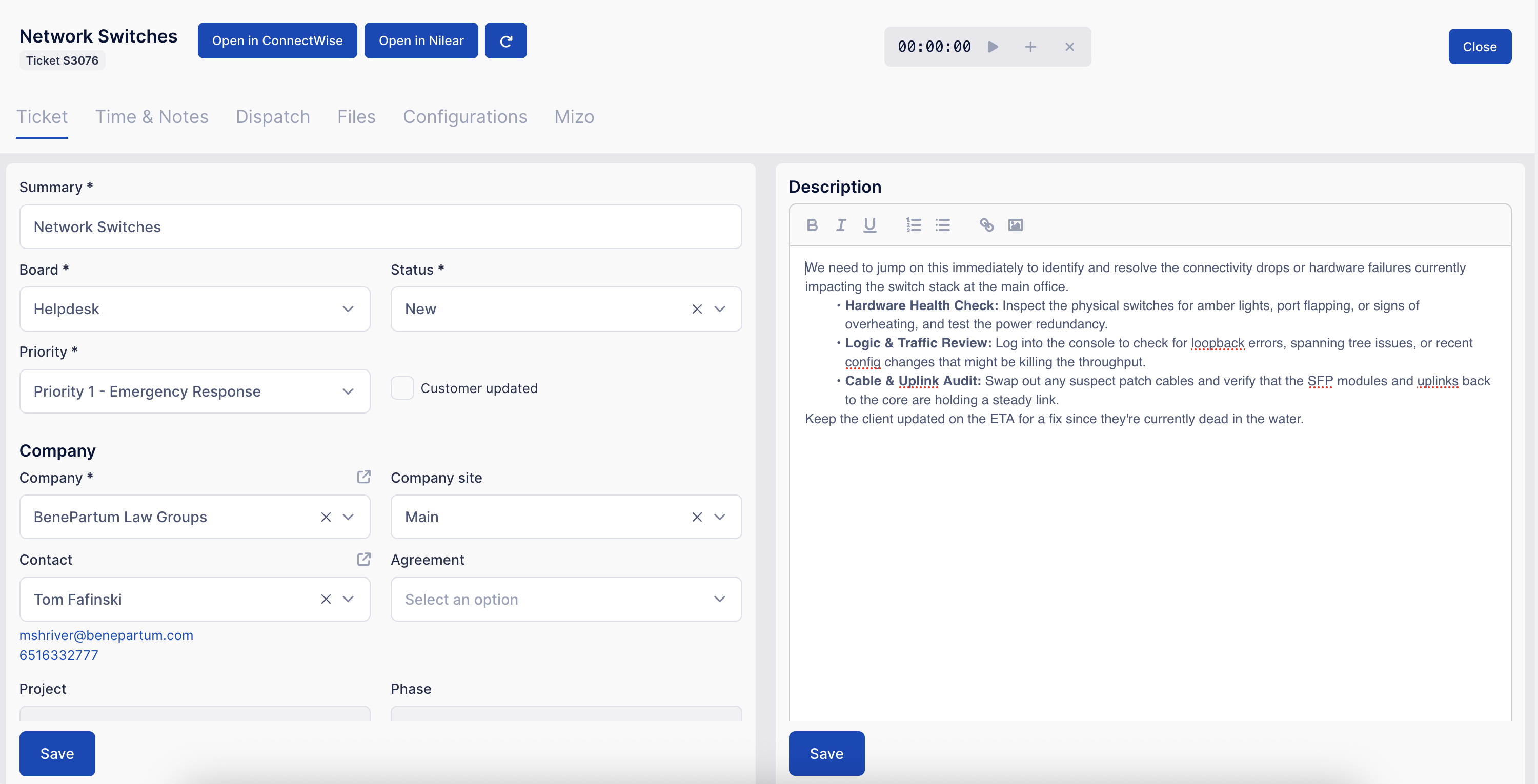 The record editor for a ticket, with Ticket, Time & Notes, Dispatch, Files and Configurations tabs and a Description pane