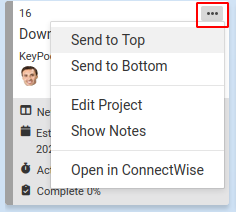 A project card's menu opened from the ellipsis, with Edit Project and Show Notes options