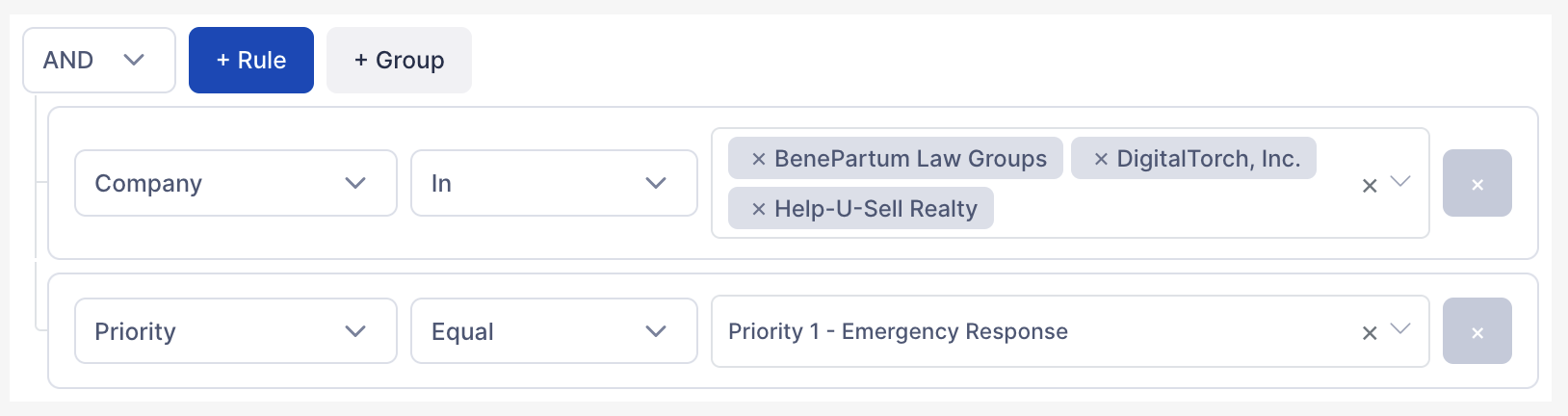 A View query: Company in three companies AND Priority equal to Priority 1 Emergency Response