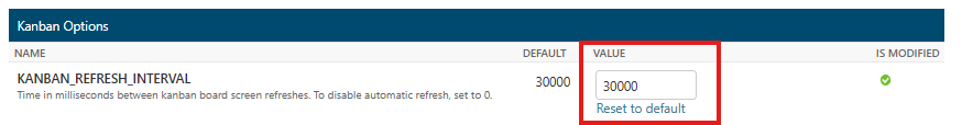 The KANBAN_REFRESH_INTERVAL setting in Kanban Options with its value field highlighted