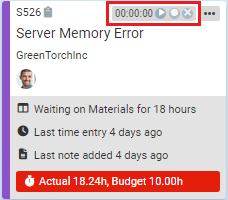 A ticket card with the time entry timer highlighted at the top
