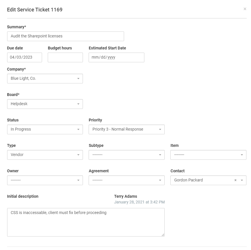 The Edit Service Ticket form with summary, dates, company, board, status, priority and description