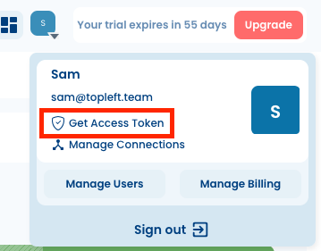 The Nave user menu with Get Access Token highlighted