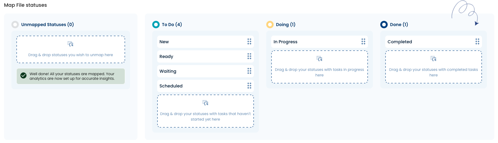 The Nave Map File statuses screen with board statuses sorted into To Do, Doing and Done