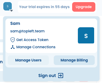 The Nave user menu with the Manage Billing button