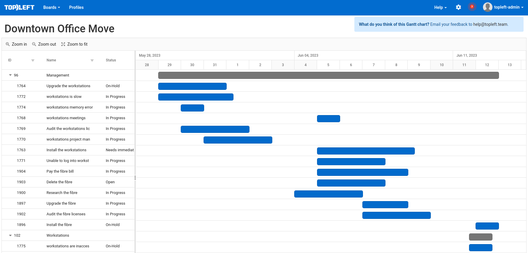 The Gantt chart of the Downtown Office Move project, with tasks listed under their phases and blue bars by date