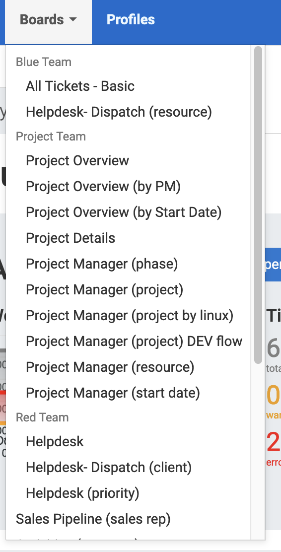 The Boards menu with boards grouped under Blue Team, Project Team and Red Team