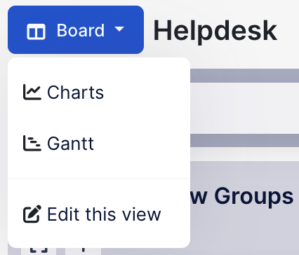 The Board menu next to a View name, with Charts, Gantt and Edit this view