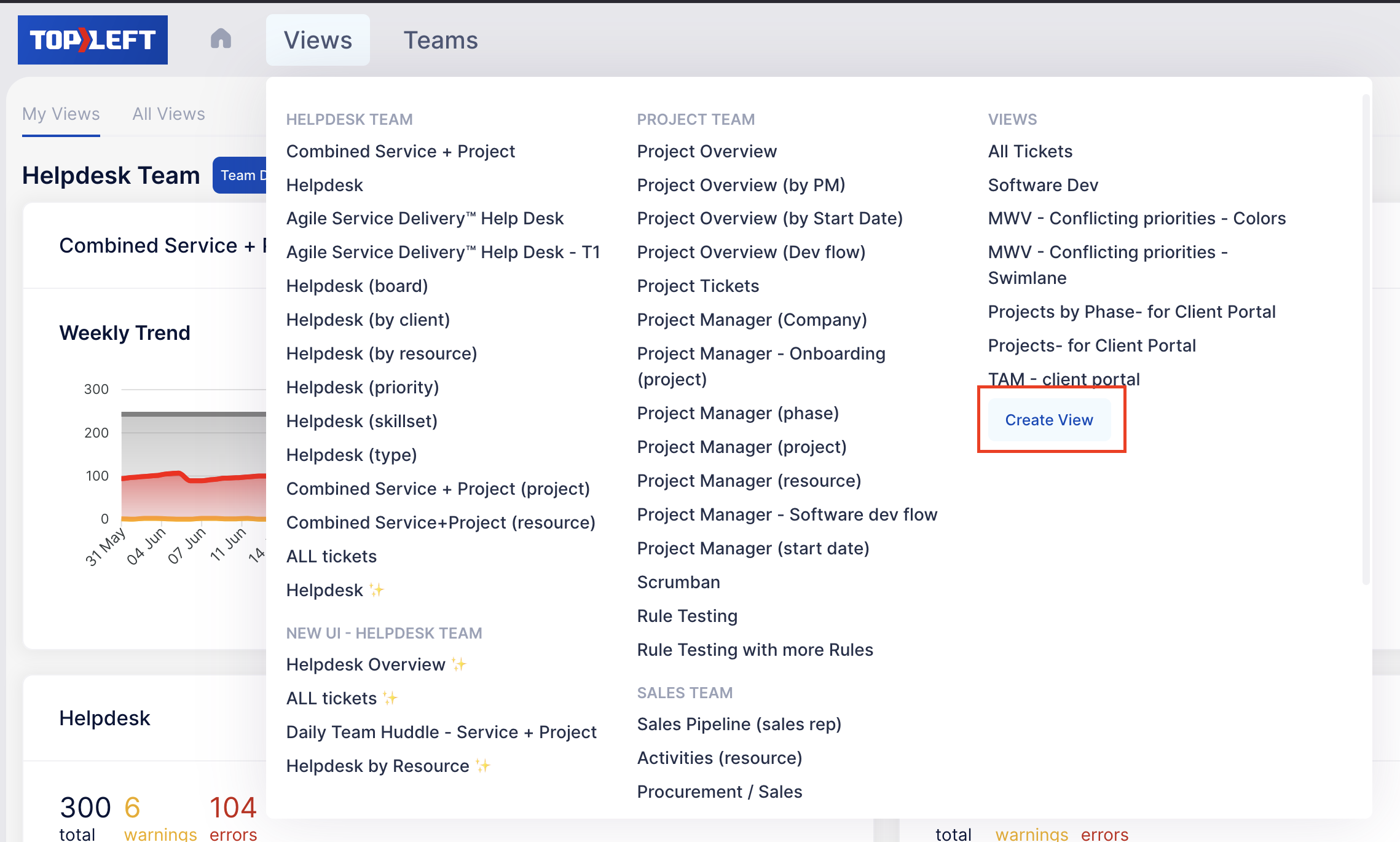 The Views menu listing views by team, with the Create View button highlighted