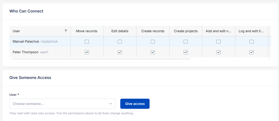The Who Can Connect grid with a checkbox per permission for each user, and the Give Someone Access picker below it