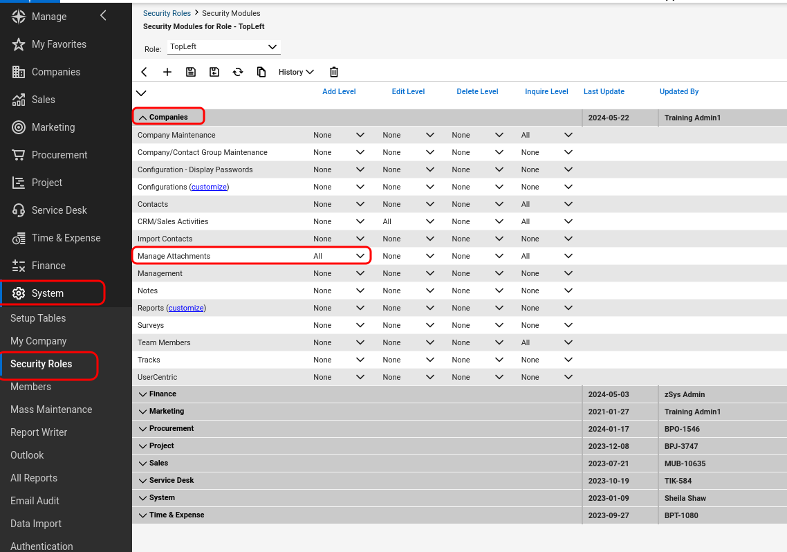 ConnectWise Security Roles, Companies section, with Manage Attachments Add Level set to All