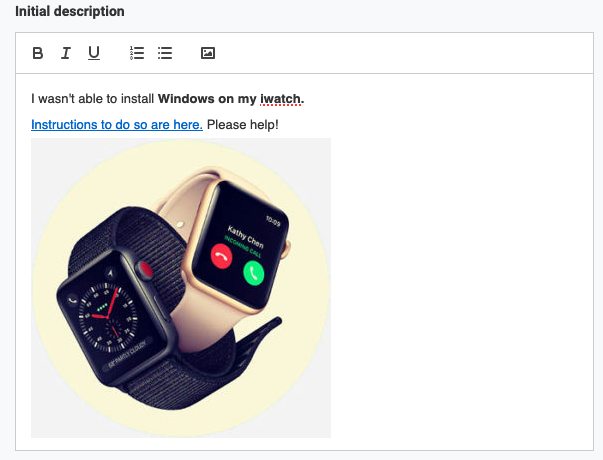 A ConnectWise ticket description with bold text, a link, and an embedded image of two smartwatches