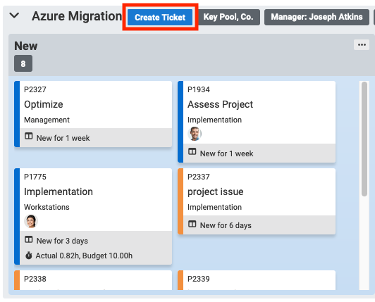 A project swimlane on a client board with its Create Ticket button highlighted