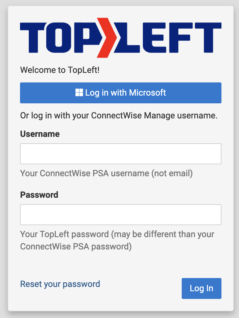 The TopLeft login page with a Log in with Microsoft button above the ConnectWise username and password fields