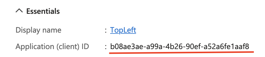 The app registration's Essentials panel with the Application (client) ID underlined