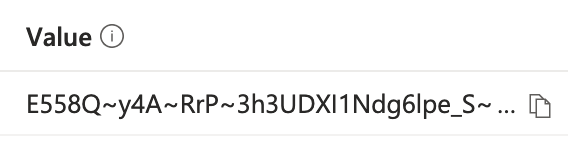 The new client secret's Value column with its copy button