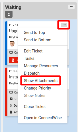 A ticket card's menu with Show Attachments highlighted
