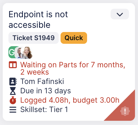 A card showing its title, priority, assignees, status age, contact, due date, logged hours and skillset