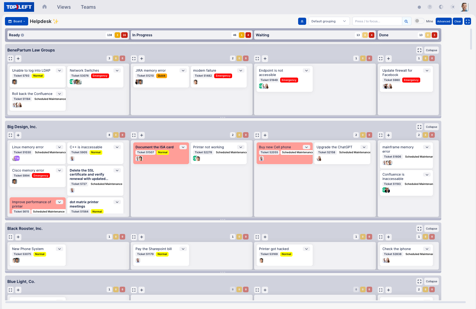 A Helpdesk Kanban board with status columns and a swimlane per client company