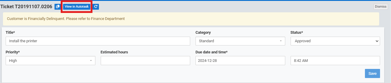 An Autotask ticket open in TopLeft with the View in Autotask button highlighted